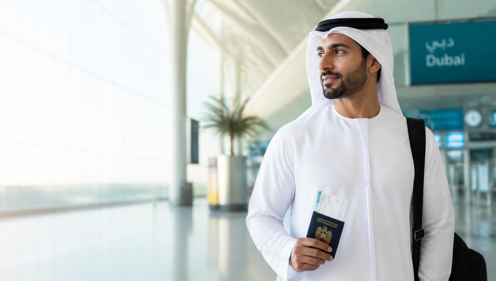 Traveller with a passport at Dubai airport